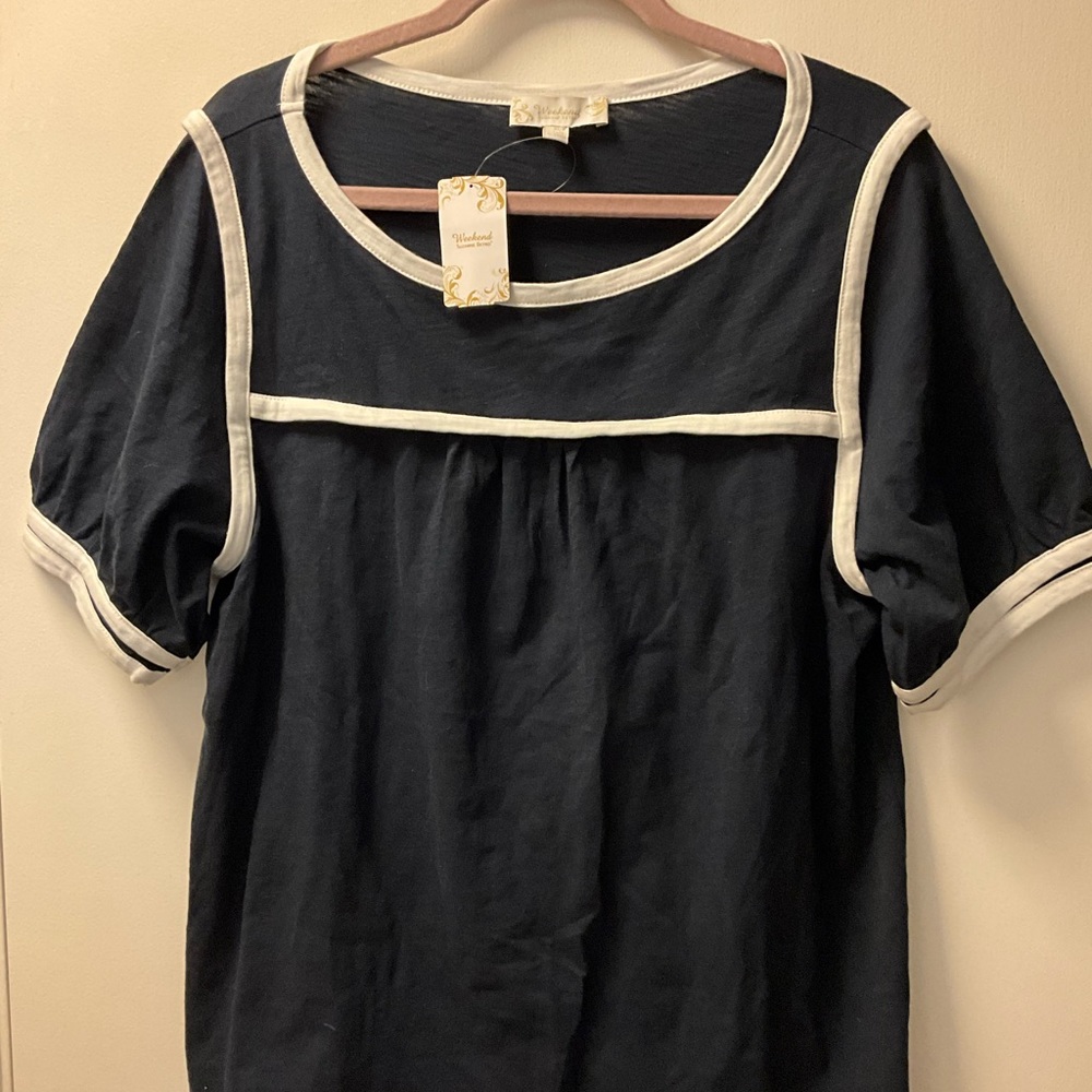🐝 NWT Suzanne Betro Navy Contrast-Piping Yoke Tunic Size XL - Picture 2 of 6